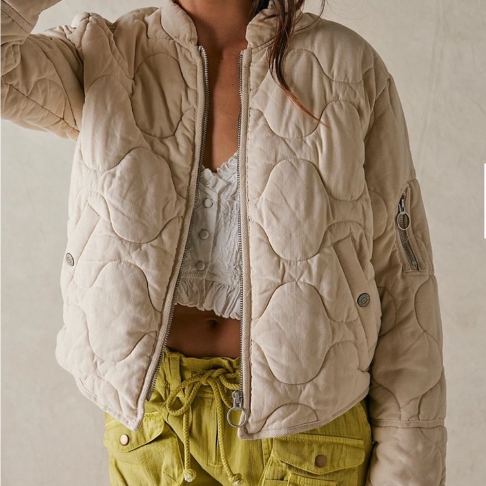 Free People Cream Quilted Puffer Bomber Jacket
